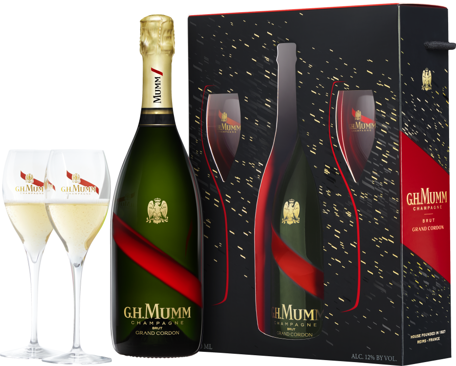 Mumm Grand Cordon Brut Champagne with 2 Flutes - BottleBargains